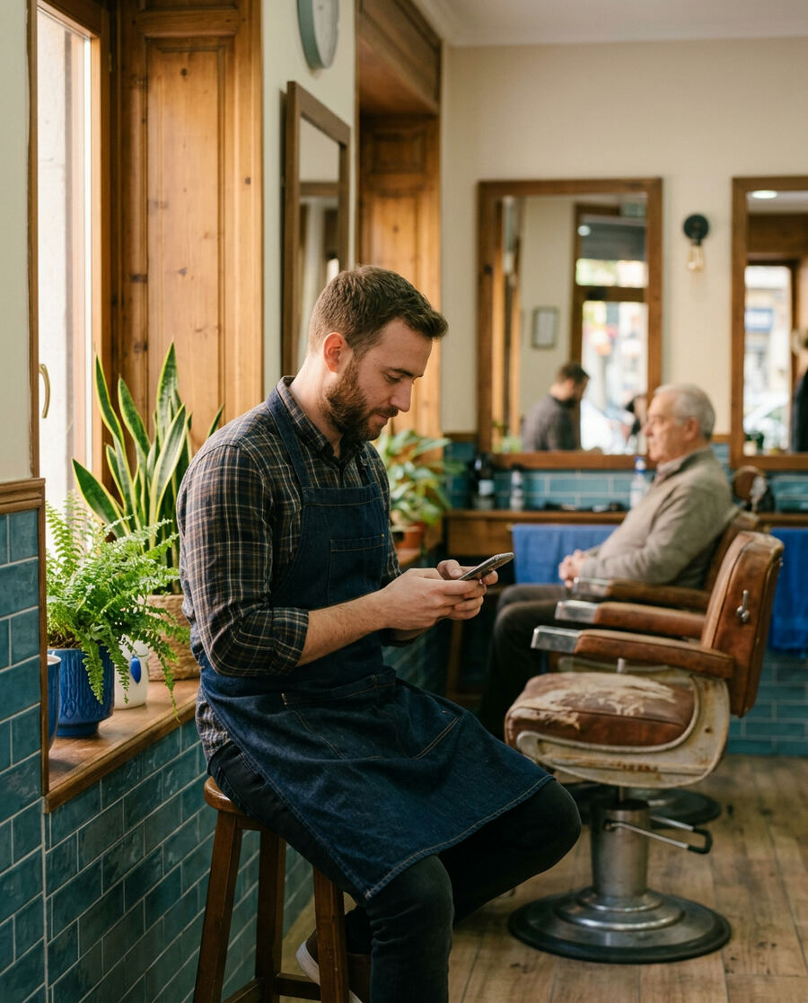 Barbero contesta desde su celular a un cliente entre corte y corte