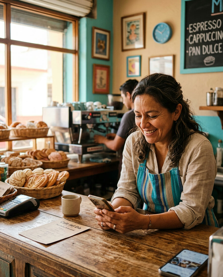 Dueña de una cafetería revisa en su celular los mensajes de sus clientes