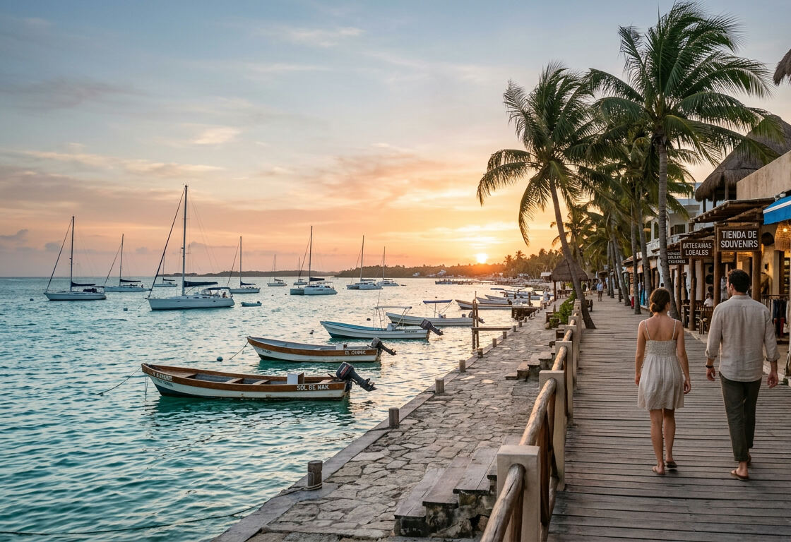 Marina al atardecer en la Riviera Maya